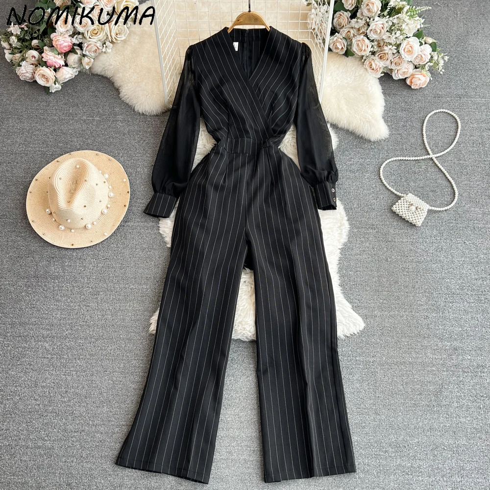 Nomikuma Elegant V-neck Striped Jumpsuit Casual High Waist Wide Leg Jumpsuit Autumn 2023 New Korean Fashion Bodysuits women