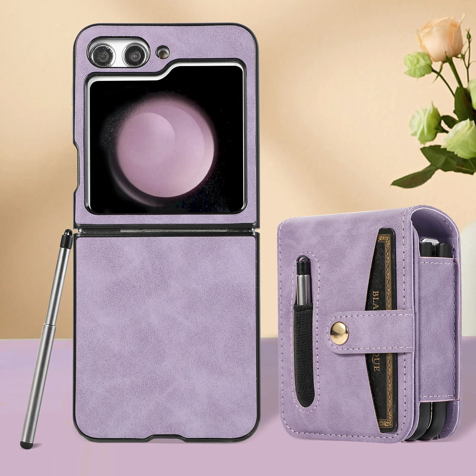 

Card Holder, Stylus Pen, 360° Rotable Clip, PU Leather Shockproof Anti-slip Protective Cover For Samsung Galaxy Z Flip 5