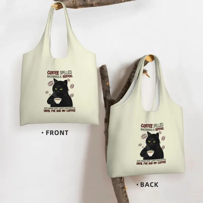 Coffee Spelled Backwards Cat Shopping Bag Funny Cute Graphic Ladies Reusable Eco Foldable Supermarket Handbag Storage