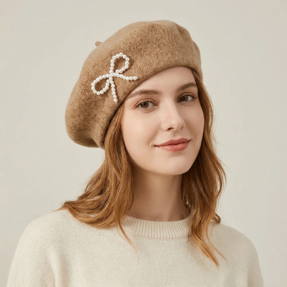 Sweet Pearl Bow Beret Knitted Soft Wool Beret Y2K Warm Beanie Cap Street Photography
