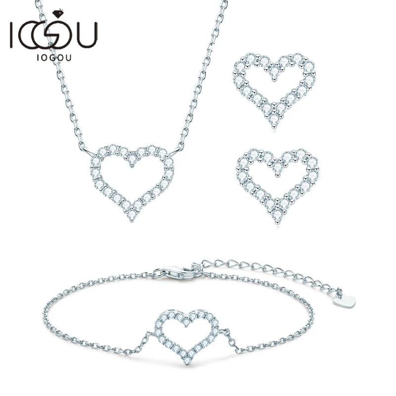 Love Heart Moissanite Jewelry Sets Real 925 Silver Pendant Necklace Stud Earrings Bracelet for Women Wedding Party Birthday Gift