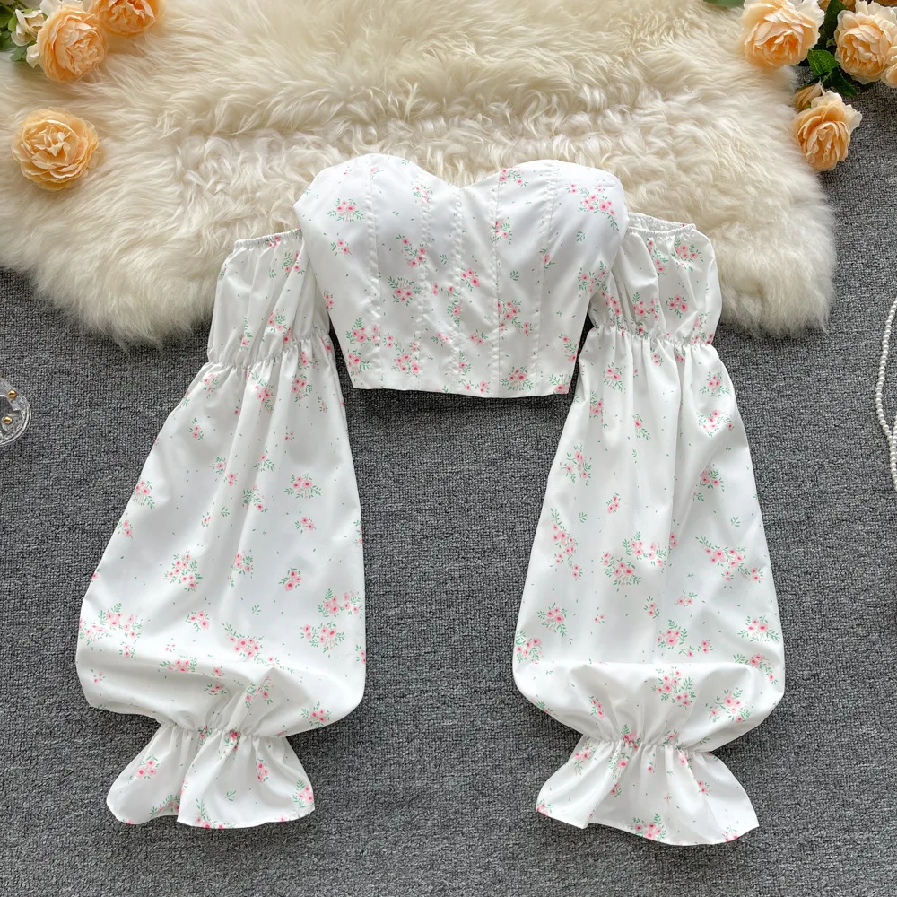 Spicy Girl One Shoulder Strapless Long Sleeved Shirt with Backless Sweet Print Short Style Temperament Top