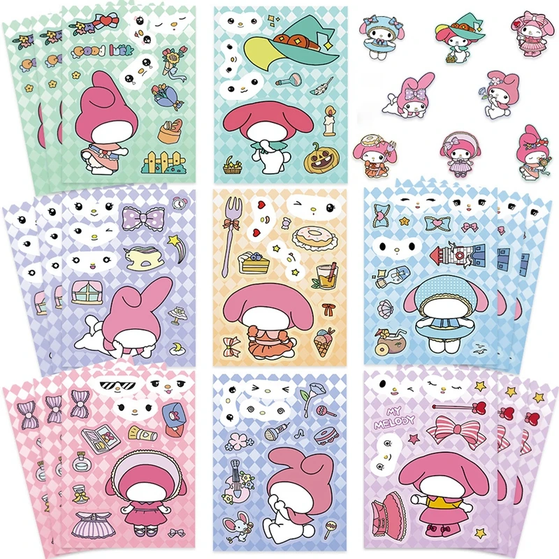 8 листов My Melody наклейки-пазлы Sanrio Kawaii мультяшная наклейка для сборки Обучающая книга милые надписи Kids Toys﻿