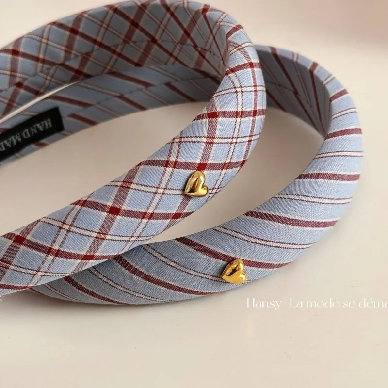 Złota miłość niebieska krata wszechstronna opaska na głowę temperament modna retro słodka moda wysoka czaszka top temperament akcesoria do włosów