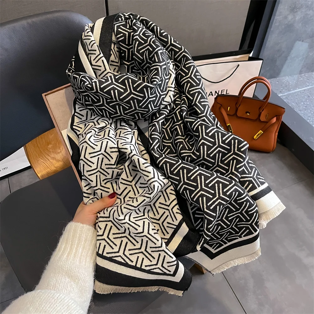 

Роскошный кашемировый шарф в полоску, зимние женские шали из пашмины, теплое одеяло, женский платок, бандана, брендовые толстые шарфы, хиджаб