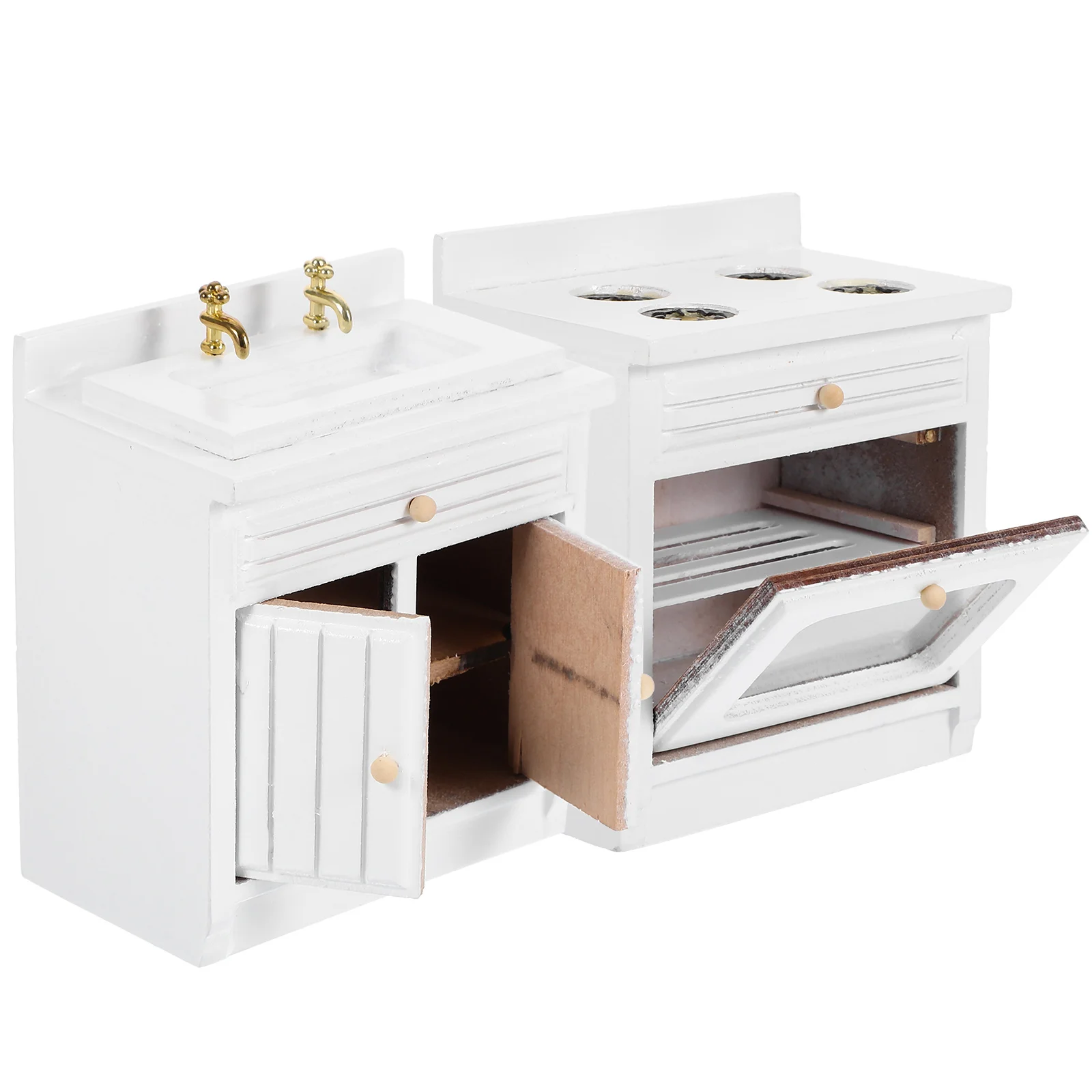 

Dollhouse Kitchen Sink Miniature Dolls House Cabinet Countertop White Range Cooker Stove Miniature Kitchen Furniture