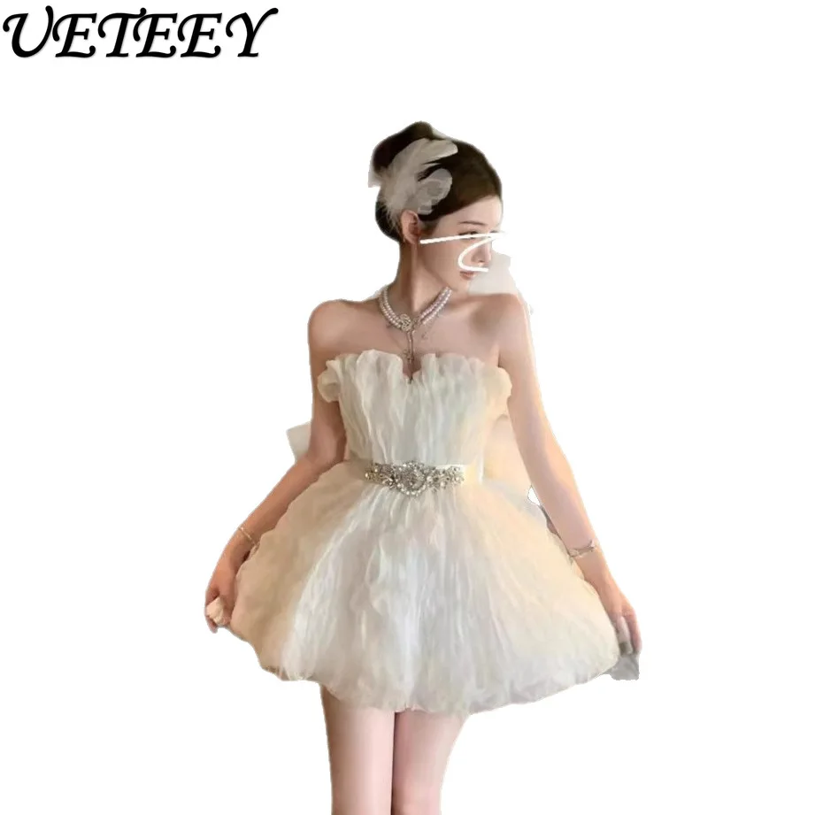 Vestido blanco francés con hombros descubiertos, Top de tubo, industria pesada de alta sociedad, lazo grande con incrustaciones de diamantes, vestidos con temperamento para fiesta de cumpleaños