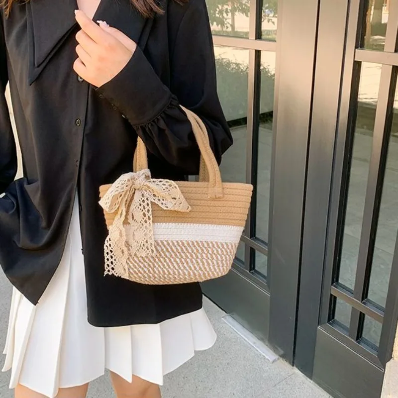 Grass Woven Bags Women's New Summer Travel Handmade Woven Bags Top-Handle Bags Snacks Bag Vegetable Baskets Handbags Bucket