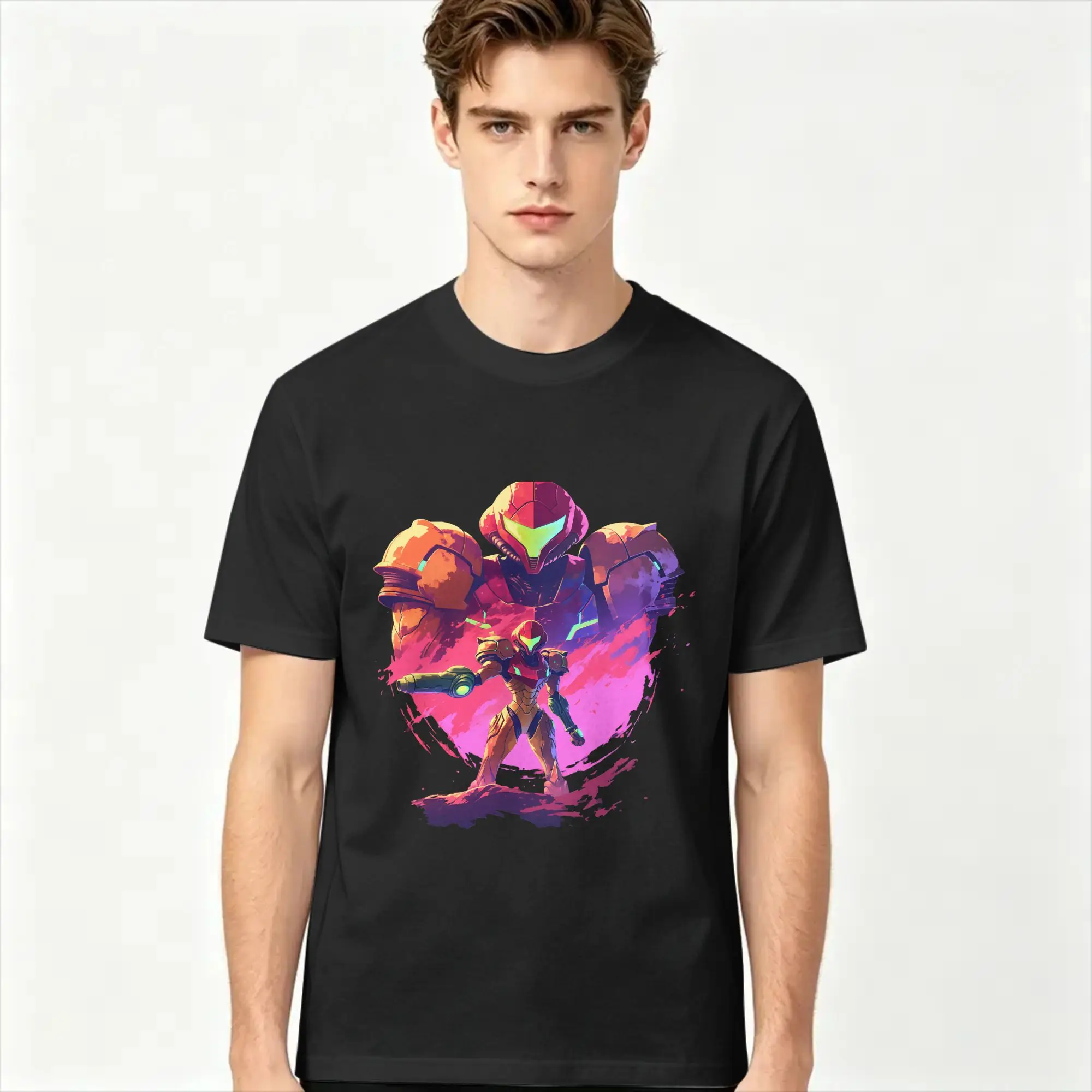 Metroids Hero Game Samus T-Shirt Summer  Popular T-Shirts Men's 100% Cotton O-Neck Oversize Top Tees Short Sleeve Y2K Retro Tops
