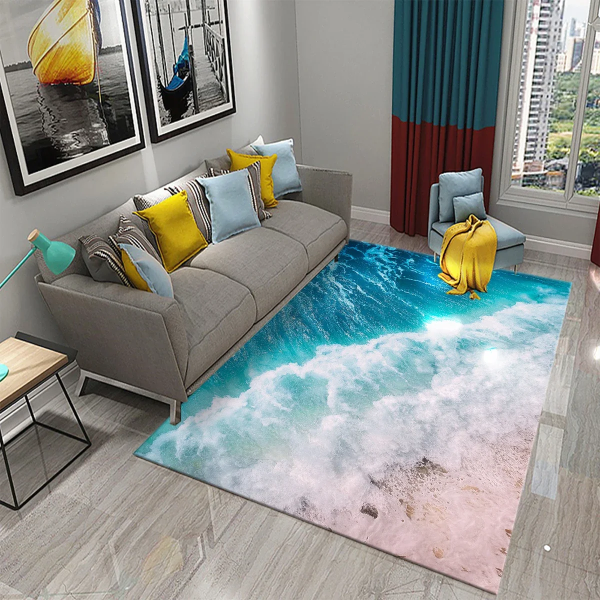 Blue Ocean Wave Carpet Sea Beach Theme Rug Cute Seaside Scenery Floor Mat Living Room Bedroom Sofa Children's Room Decor Rugs