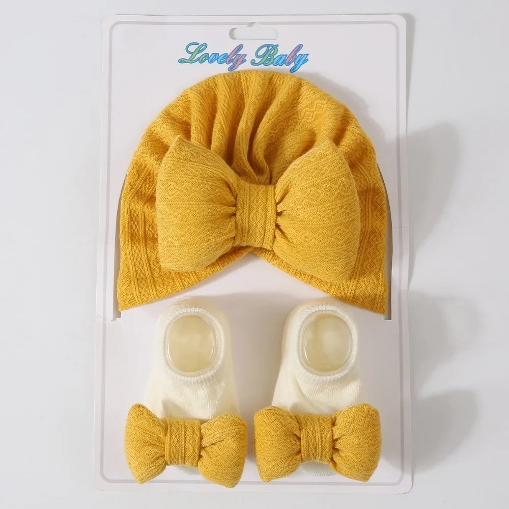 

3Pcs/Set Indian Cap Bow Baby Hat Socks Set Cotton 0-12 Months Baby Fetal Cap Windproof Solid Color Newborn Turban Hat Autumn