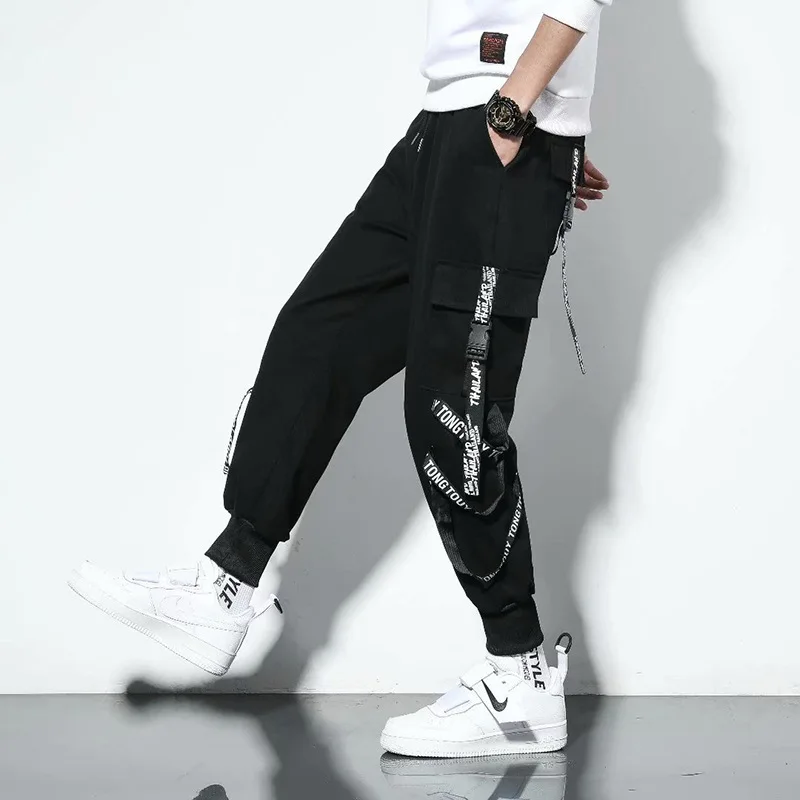 

New Black Cargo Pants Men Joggers Cargo Trousers Jogging Cropped Pants Streetwear Hippie Techwear Gothic Ribbon Trend Pants