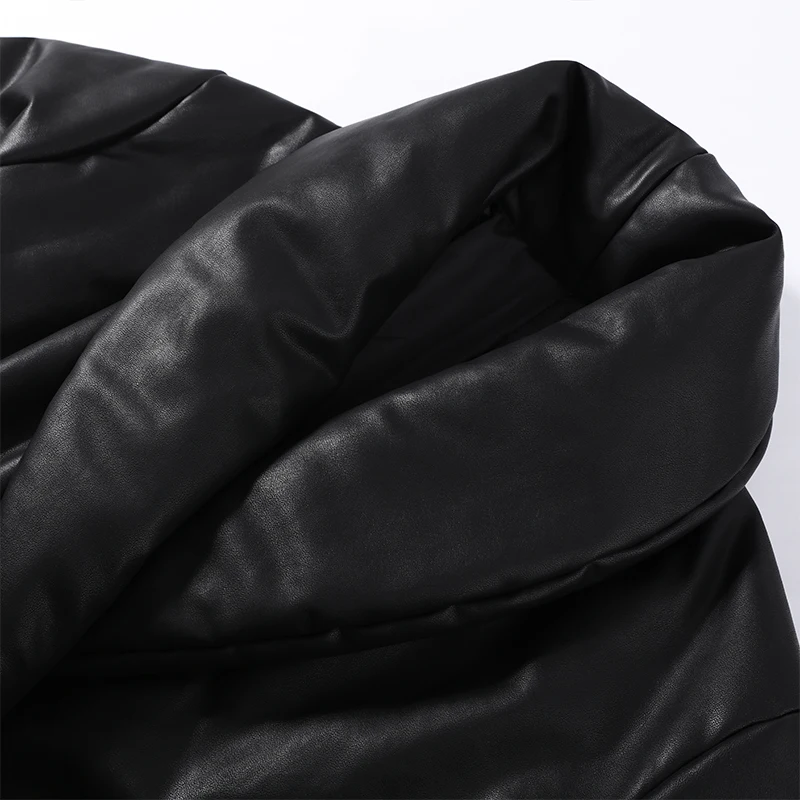 Damen-Crop-Mäntel aus PU-Leder, übergroße, gesteppte Jacken, Winterjacken für Damen, mit Revers, langen Ärmeln, einfarbig, locker geschnitten, kurze Jacke, neue Oberbekleidung. – Detail 6