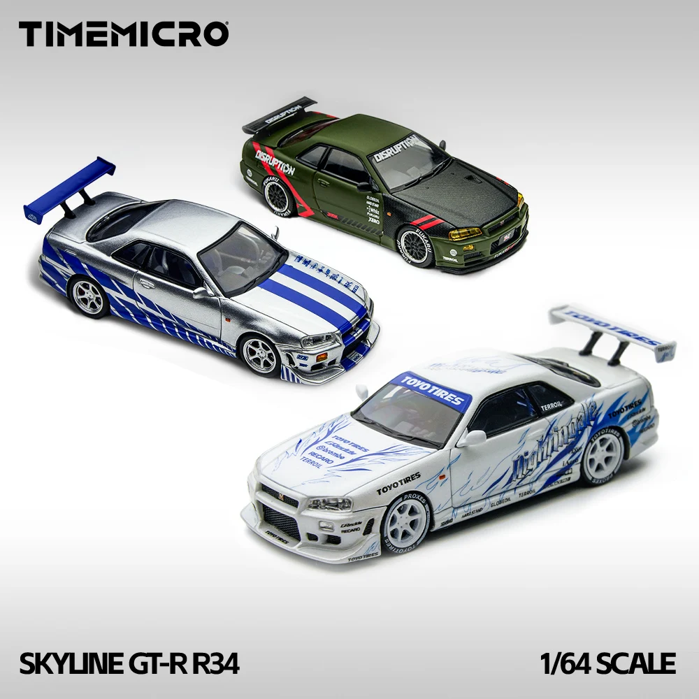 

TimeMicro TM 1:64 Skyline GT-R R34 Серебристый Синий Drift Flame Белый Матовый Зеленый Модель из сплава