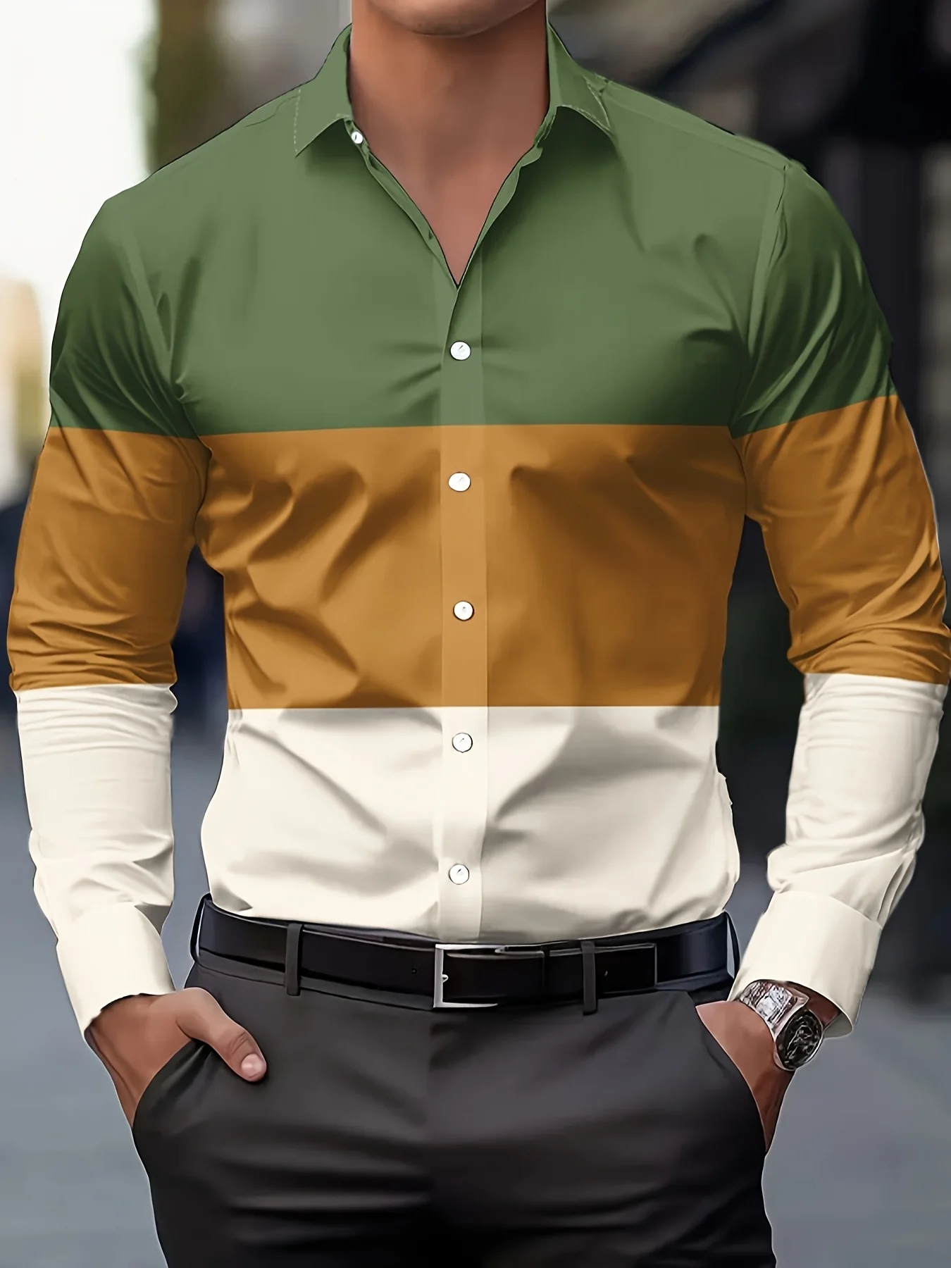 Camisa casual masculina de negócios com botões de manga comprida formal e camisa de escritório diária listras horizontais - moda sazonal