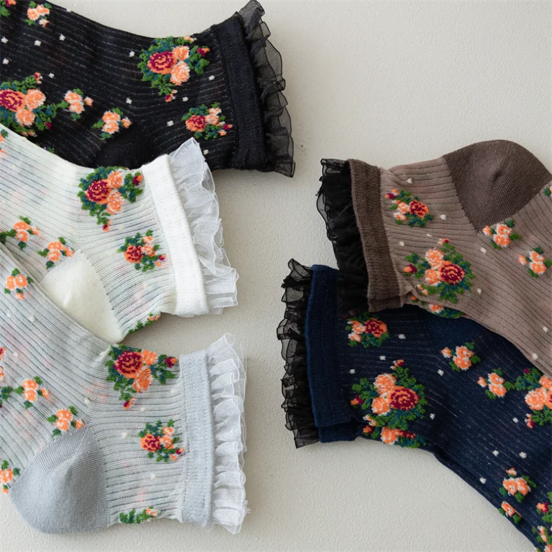 Japan Style Lace Ruffle Socks Flower Embroidery Harajuku Retro Women Short Socks Summer Ultra-thin Transparent Crystal Silk Sock