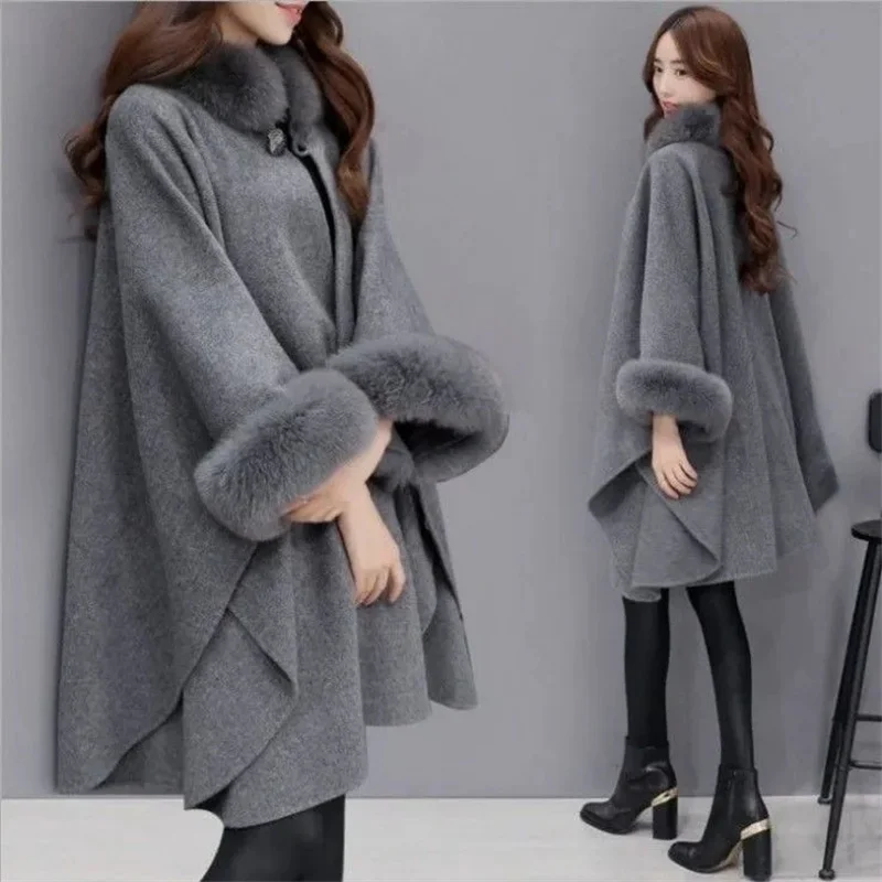 

Hepburn Wind Woolen Women's Autumn Winter Mid length Thickened Woolen Coat Imitation Rabbit Hair Collar Women's Clothing Cloak C