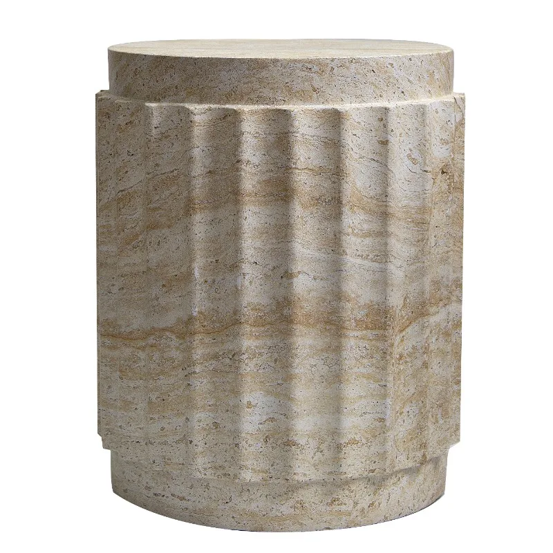Modern Roman Column Side Table Stone-Look Round Coffee Table for Hotel Classical Nightstand for Bedroom Vintage End Tables