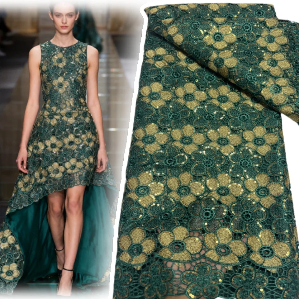 

Green Nigerian Milk Silk Sequined Lace Fabric 2025 High-Quality African Water-Soluble Lace Fabric Ideal for Evening Gowns 1882