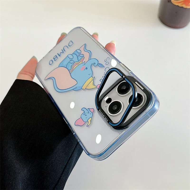 디즈니 귀여운 핑크 만화 재미있는 덤보 코끼리 전화 케이스, 아이폰 13 14 15 프로 맥스 렌즈 보호 접이식 스텔스 브래킷 커버