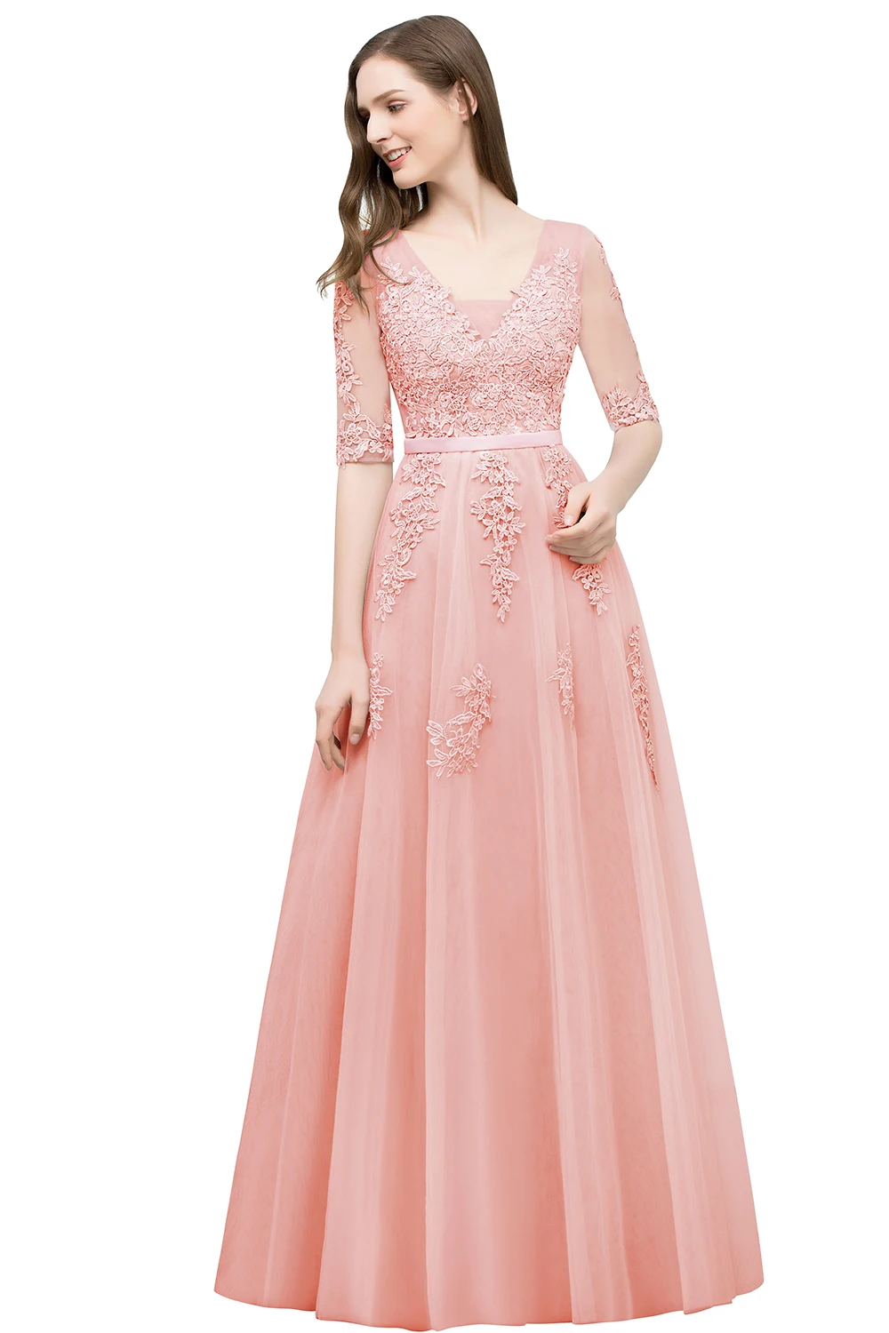 

A Line Tulle Lace Evening Dresses with Sleeves In Stock Elegant V Neck Long Prom Formal Gowns for Wedding Party CPS782