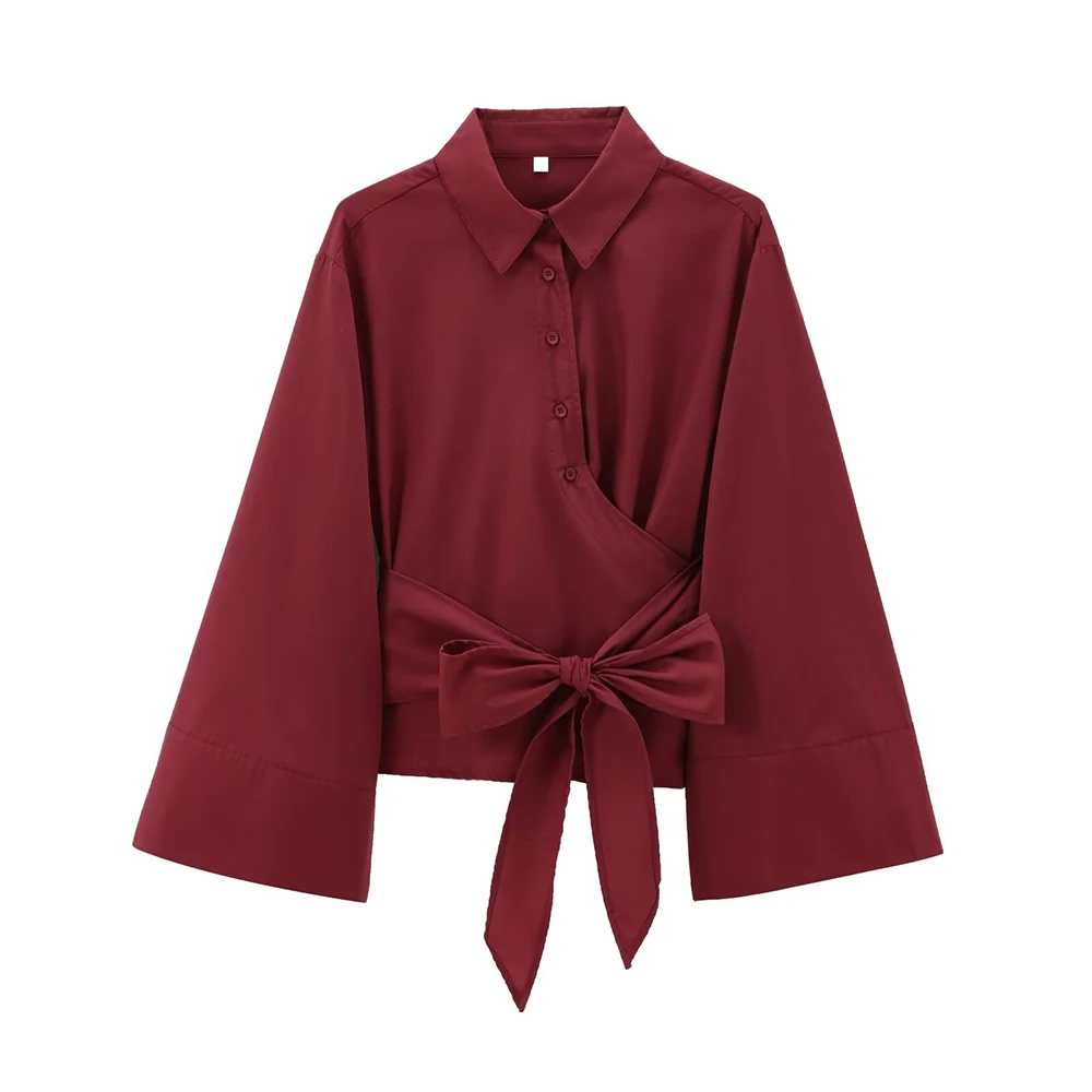 Chemise courte en popeline à boutonnage caché pour femmes, avec col polo et nœud papillon, chemisier décontracté et élégant pour le bureau et le usage quotidien