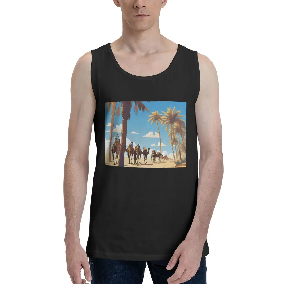 Caravan Under The Blue Sky 100% Cotton Men's Sweatshirt Vest Sleeveless Clothing Tees Men Tank Tops T-shirt