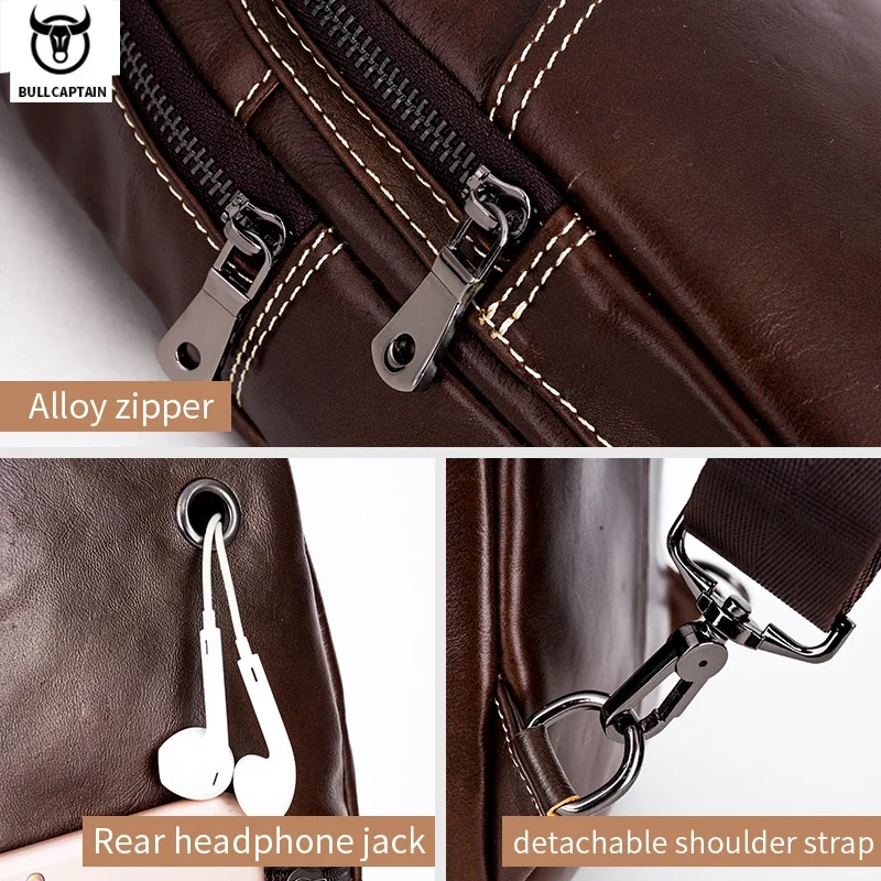 BULLCAPTAIN-Bolso de pecho de cuero genuino para hombre, bandolera multifuncional de 8 pulgadas, gran capacidad, Retro, para Habitación individual