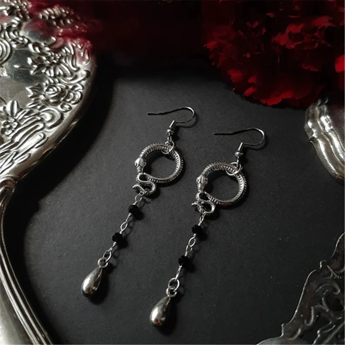 Ouroboros Crystal Drop Earrigns Gothic Witchy Occult Alternative Nugoth Romantic Equinoxart Fashion Medieval Women Gift Jewelry