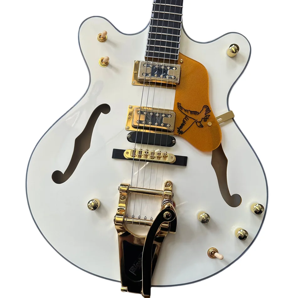 Milk-White Hollow Body Jazz Electric Guitar, Rosewood Fingerboard, Gold Hardware, Tremolo Bridge, Free Shipping