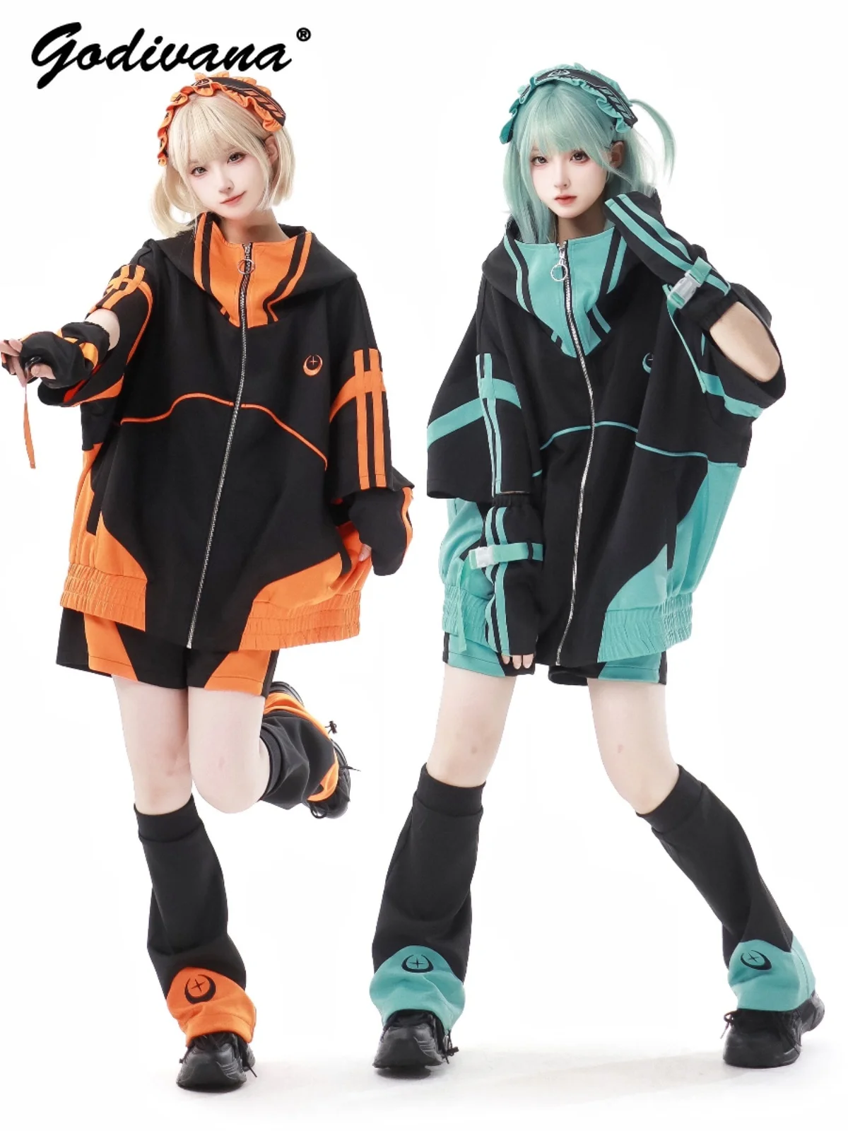 2024 New Spring Summer Color Block Short-Sleeved Mine Sportswear Oversized Zipper Hoodie Jacket and Shorts Leg Warmer Outfits