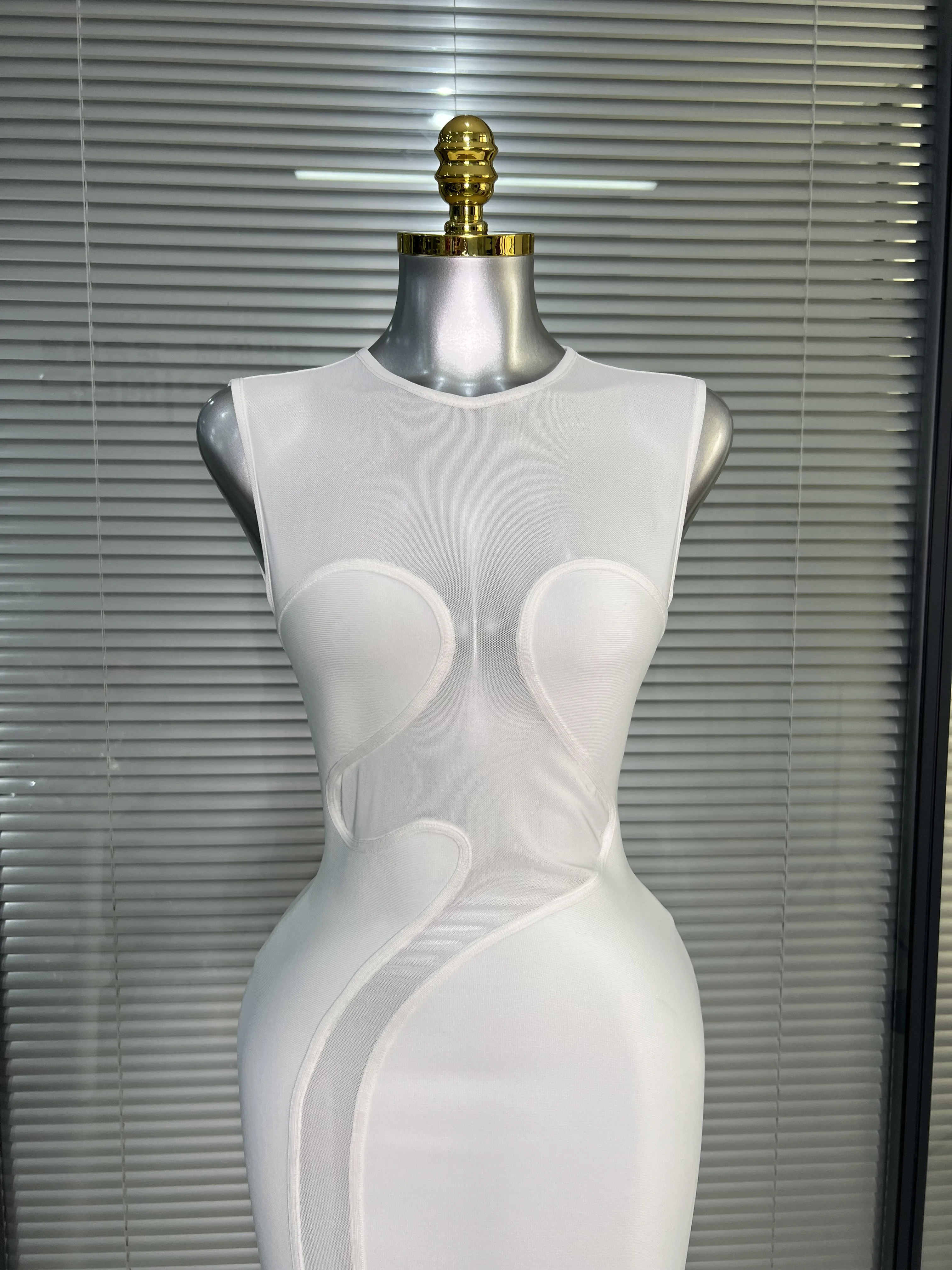 Summer New 2025 Women Black White Long Bodycon Bandage Dress Knitted Mesh Tank Evening Party Dress Vestido