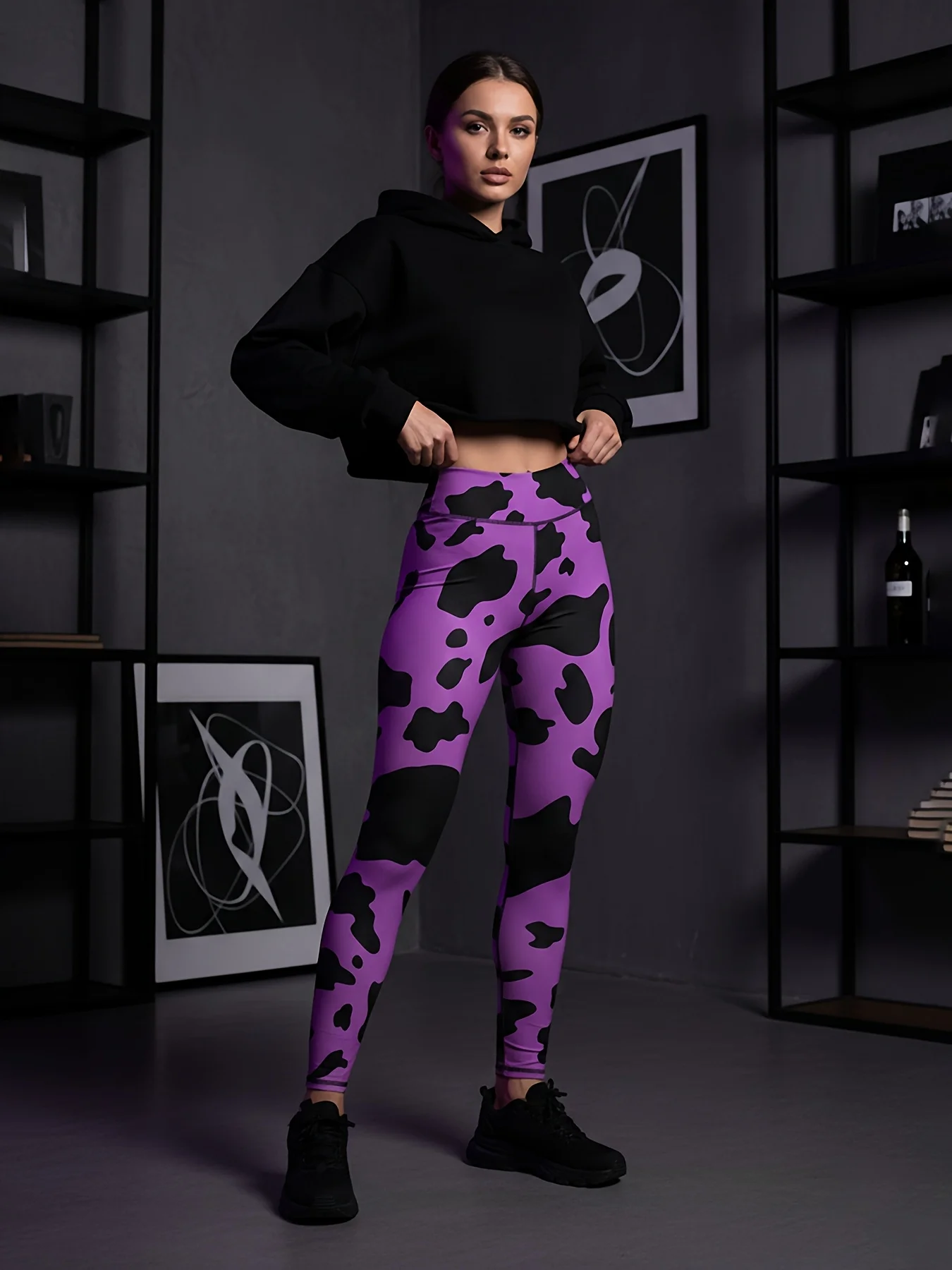 Women Bright Pink Cow Print Fleece Lined Leggings Mid Waist Stretch Fitness Yoga Sports Pants