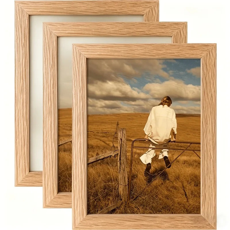 3pcs Natural Wood Color Photo Frames Display 4x6 with Mat or 5 X 7 Without Mat for Desktop Office Home Reception Area Home Decor