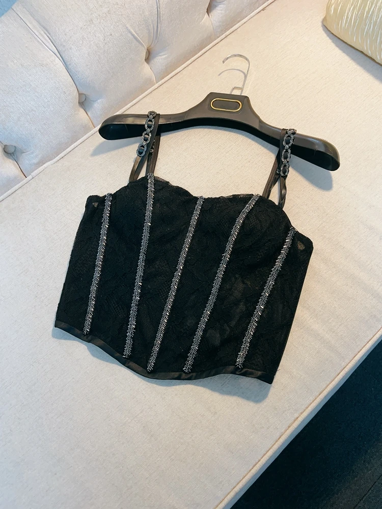 

Bla Lace Splicing Fibone Design Sensation Celebri Sle Crop Top Strap Vest Faionable High-End Feel Cotton Nylon Blend