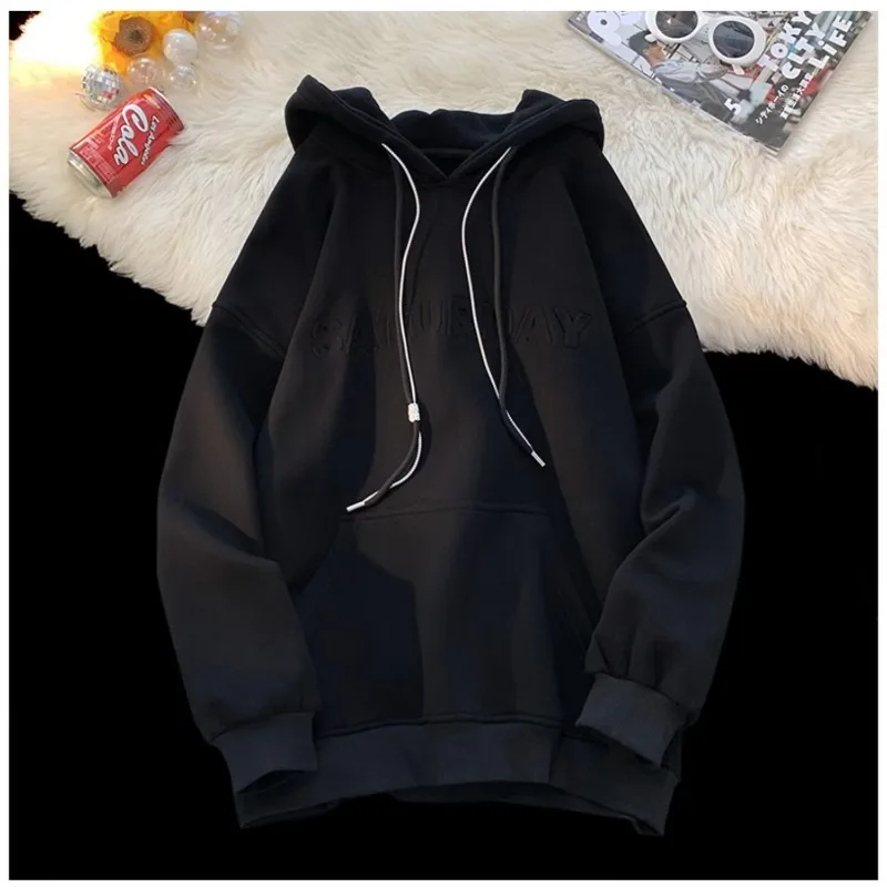 Winter New Clothes Loose Apricot Letter Hoodies Embossing Process Harajuku Thick Casual Sweatshirt Women Y2k Long Sleeve Fleece