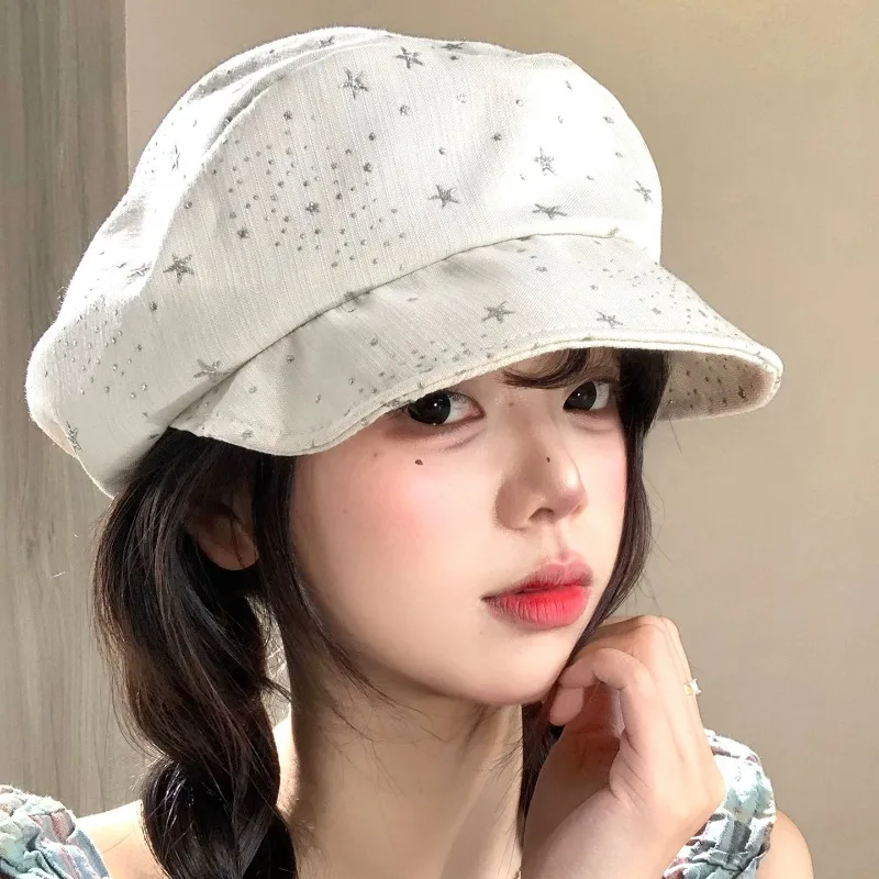 Sweet Stars Flash Diamond Design Berets for Women Spring Summer Travel Leisure Versatile Show Face Small Literary Painter Hats
