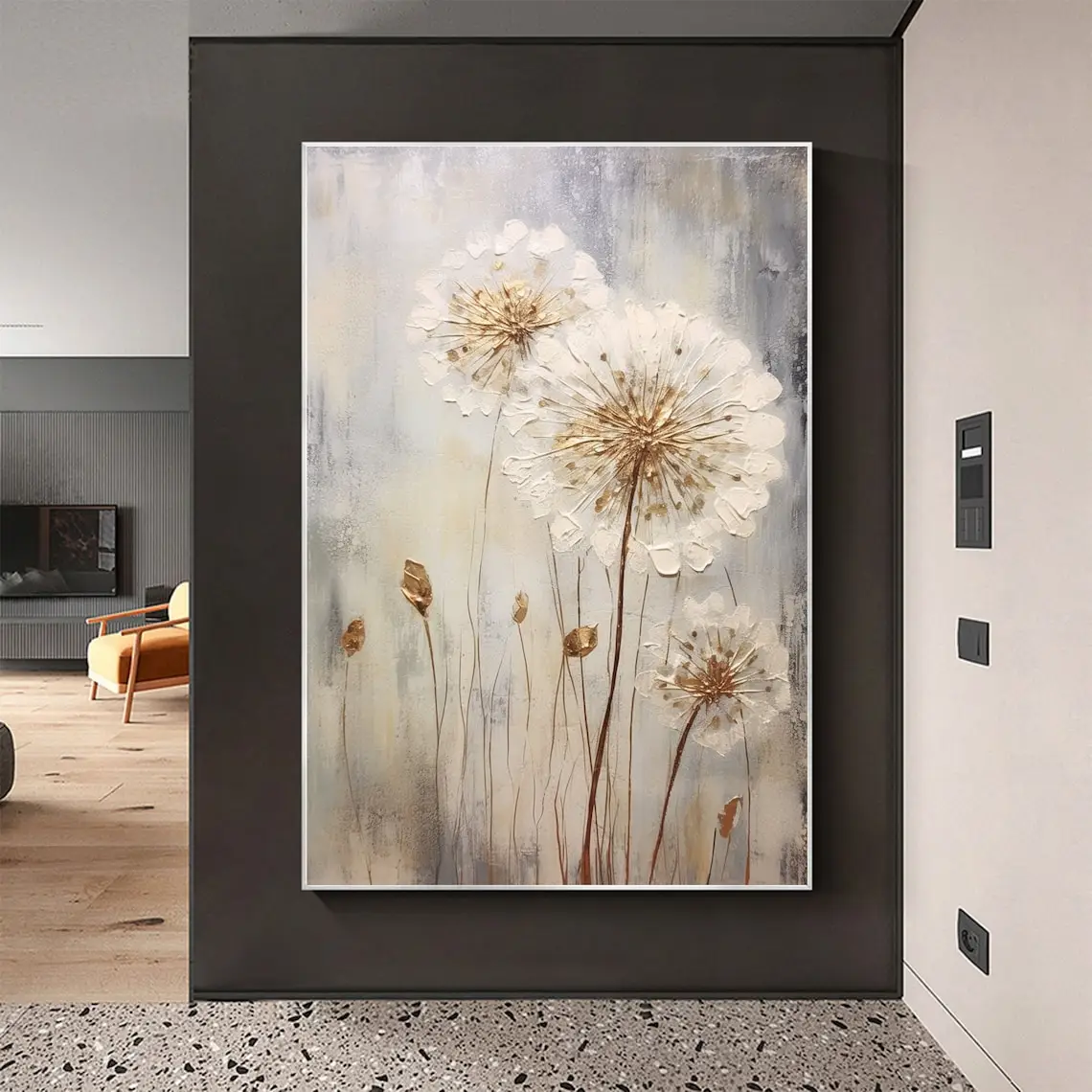 Blossom Dandelion Oil Painting on Canvas Large Wall Art Abstract Flower Art Handmade Painting White Wall Decor Living Room Decor