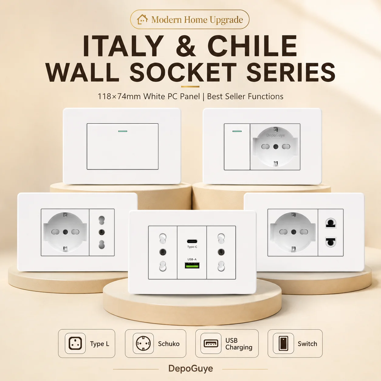 Tomada branca itália chile com carregamento rápido usb inteligente tipo c, tomada de parede usb dupla plugue chile painel de plástico interruptor de luz sat tv