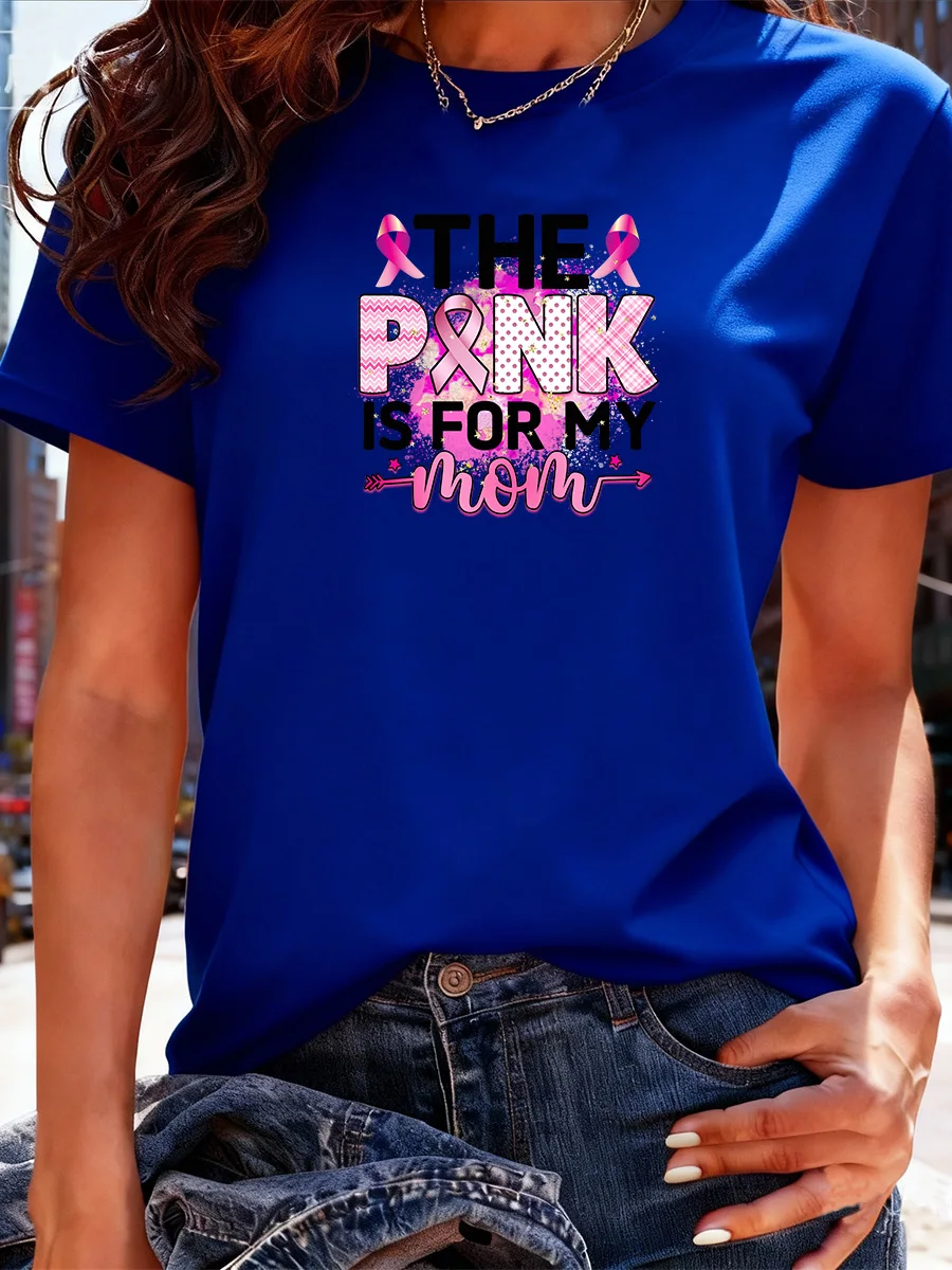 تي شيرت أسود قصير الأكمام "وردي لأمي" للتوعية بسرطان الثدي مع شريط وطباعة حروف #6