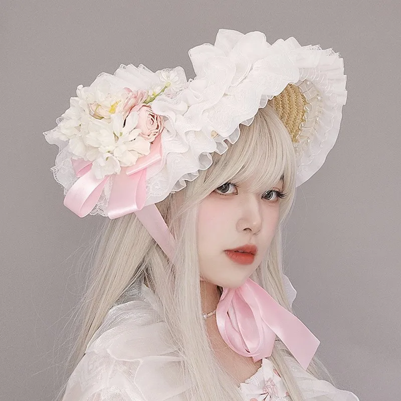 

Cosplay Costumes Bonnet Cosplay Anime Sun Protection Hat Lace Hat Floral Headpiece Straw Bonnet Rose And Hydrangea with Pastel