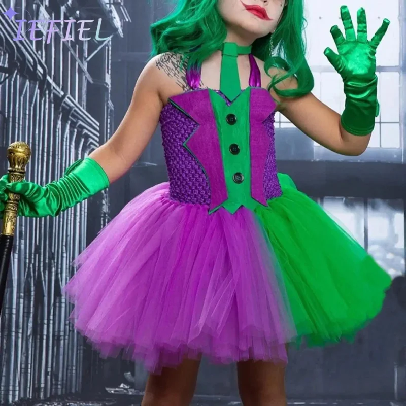 

Kids Girls Halloween Joker Clown Cosplay Party Costume Knit Bodice Ball Gown Circus Mesh Tutu Tulle Dresses with Gloves