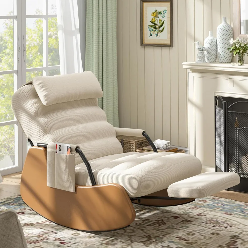 Polar Aurora Nursery Rocking Chairs with Soft Seat and Headrest,Corduroy Fabric Accent Chair with Side Pocket