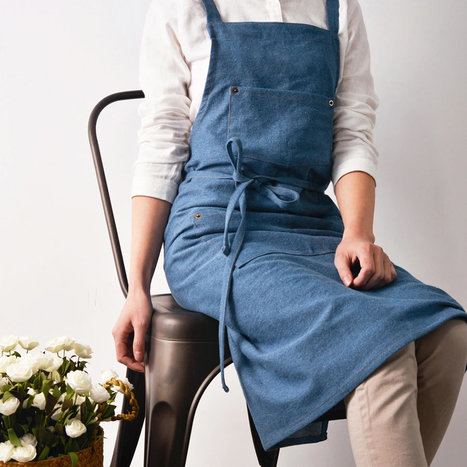 Korean Pinafore Flower Coffee Store Waist,Cotton Denim Apron Thicken Canvas Anti Fouling Home Kitchen Restaurant Drink Food Use