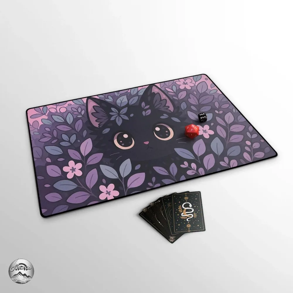 TCG Playmat: Cute Floral Black Cat, Kawaii Pink & Purple Pastel Goth Mat With EDH Card Zones, Extended Play Mat, Cat Themed
