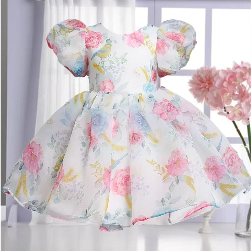 Flower Dress for Girls 3-8 Yrs Puff Sleeve Wedding Birthday Party Princess Dress Tulle Elegant Holiday Clothes Summer Dress