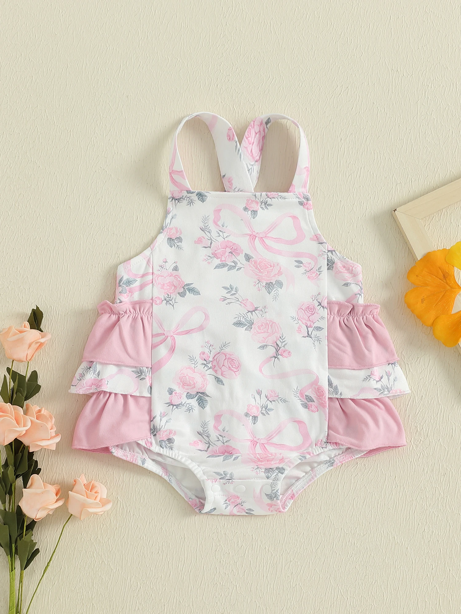 

Adorable Baby Girl Denim Overalls Romper with Sweet Floral Print and Stylish Layered Ruffles - Perfect for Your Little