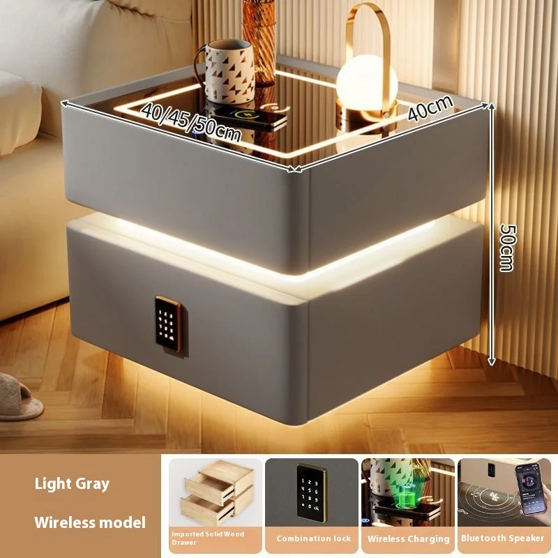 طاولة سرير ذكية حديثة وبسيطة من الخشب الصلب مع بلوتوث شحن لاسلكي فاخر متعدد الوظائف لغرفة النوم أو غرفة المعيشة