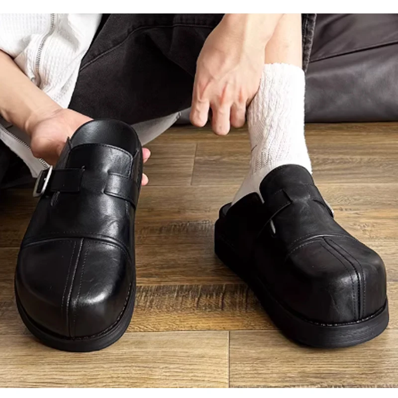 

Мужские черные мюли на платформе, повседневные слипоны-лоферы, модные уличные шлепанцы с круглым носком и толстой подошвой 2026 года, обувь в стиле Birkenstock
