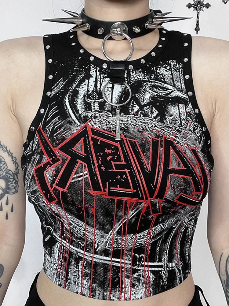 AltGoth-Chaleco gótico Cyber Punk Y2k para mujer, ropa de calle Harajuku, Hip Hop, Grunge, remaches, Tops cortos sin mangas, Emo Alt, traje Hipster